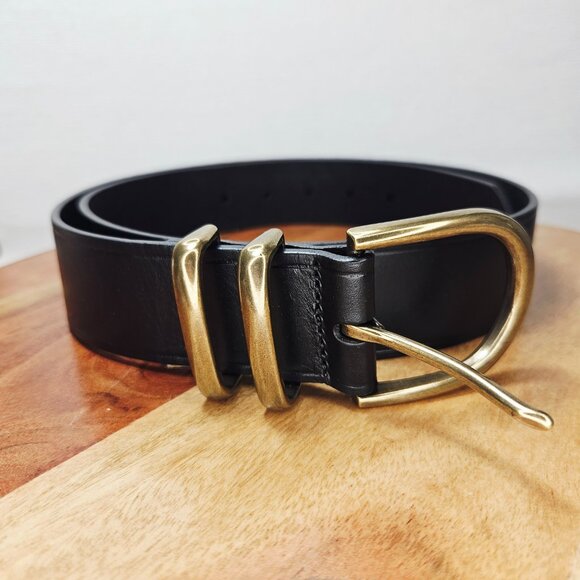 Banana Republic Black Leather Belt Brass Bronze Gold Hardware Buckle - Picture 4 of 6